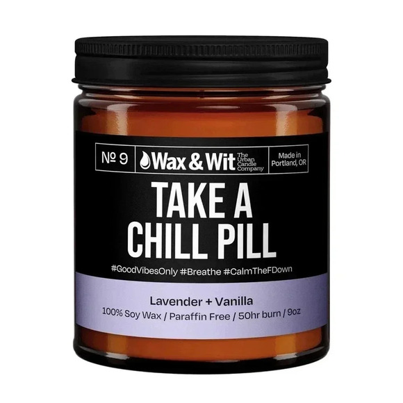 Wax and Wit Take A Chill Pill Candle Lavender Vanilla 9 oz 50 Hr Burn - Picture 1 of 6
